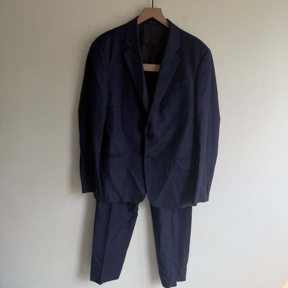 Giorgio Armani Soft Suit US 42 2PC Navy Windowpane Italy Designer Pants 36x30